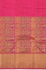 Rani Pink Kanchipuram Silk Saree with Jackard Half and half saree. Half with Mayil, Yaali checks motif. Other half is plain body with Semi circle border and Pink Rudraksham with Annapakshi Checks Pallu