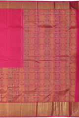 Rani Pink Kanchipuram Silk Saree with Jackard Half and half saree. Half with Mayil, Yaali checks motif. Other half is plain body with Semi circle border and Pink Rudraksham with Annapakshi Checks Pallu