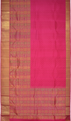 Rani Pink Kanchipuram Silk Saree with Jackard Half and half saree. Half with Mayil, Yaali checks motif. Other half is plain body with Semi circle border and Pink Rudraksham with Annapakshi Checks Pallu