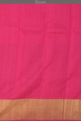 Rani Pink Kanchipuram Silk Saree with Jackard Half and half saree. Half with Mayil, Yaali checks motif. Other half is plain body with Semi circle border and Pink Rudraksham with Annapakshi Checks Pallu