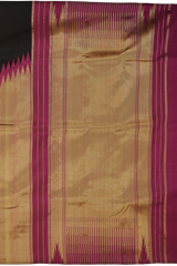 Black Kanchipuram Silk Saree with Plain Long Border . Air India Saree body with Geometrical pattern Self border and Purple Pallu with 8 Kol Seer Reku Tissue Pallu. Raising Border (Air India)