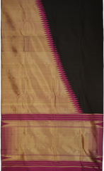 Black Kanchipuram Silk Saree with Plain Long Border . Air India Saree body with Geometrical pattern Self border and Purple Pallu with 8 Kol Seer Reku Tissue Pallu. Raising Border (Air India)