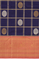 Navy Blue Kanchipuram Silk Saree with Checks Check - Silver and Gold body with Annapakshi Contrast border and Pink grand Pallu with peacock motif. Tissue Pallu