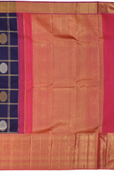 Navy Blue Kanchipuram Silk Saree with Checks Check - Silver and Gold body with Annapakshi Contrast border and Pink grand Pallu with peacock motif. Tissue Pallu