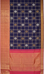 Navy Blue Kanchipuram Silk Saree with Checks Check - Silver and Gold body with Annapakshi Contrast border and Pink grand Pallu with peacock motif. Tissue Pallu