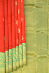 Chilli Red Kanchipuram Silk Saree with Plain Motif Round body with Floral Contrast border and Pista Green Grand Tissue Pallu