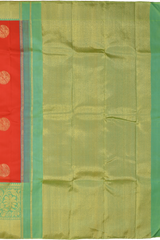 Chilli Red Kanchipuram Silk Saree with Plain Motif Round body with Floral Contrast border and Pista Green Grand Tissue Pallu