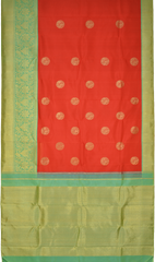 Chilli Red Kanchipuram Silk Saree with Plain Motif Round body with Floral Contrast border and Pista Green Grand Tissue Pallu