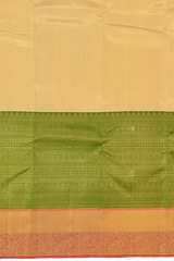 Off White Kanchipuram Silk Saree with Tissue Small tear drop body with Layered elephant, rudraksha, Annam Double Border and Pink grand mango with diamond design tissue pallu