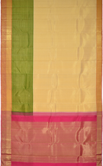 Off White Kanchipuram Silk Saree with Tissue Small tear drop body with Layered elephant, rudraksha, Annam Double Border and Pink grand mango with diamond design tissue pallu