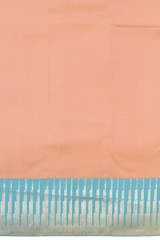 Light Peach Kanchipuram Silk Saree with Plain Silver Zari body with Temple Contrast border and Grand Powder Blue Tissue Pallu with silver zari