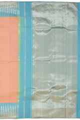 Light Peach Kanchipuram Silk Saree with Plain Silver Zari body with Temple Contrast border and Grand Powder Blue Tissue Pallu with silver zari