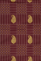 Maroon Kanchipuram Silk Saree with Checks Borderless saree body with Contrast border and Grand Maroon Pallu with Peacocks, Elephant and Rudraksham Checks