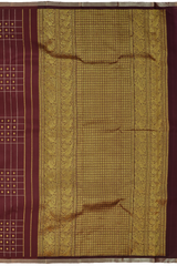 Maroon Kanchipuram Silk Saree with Checks Borderless saree body with Contrast border and Grand Maroon Pallu with Peacocks, Elephant and Rudraksham Checks