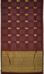 Maroon Kanchipuram Silk Saree with Checks Borderless saree body with Contrast border and Grand Maroon Pallu with Peacocks, Elephant and Rudraksham Checks