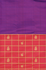 Purple Kanchipuram Silk Saree with Checks Half - half body with Contrast border and Blue Pallu with floral motif and diamond design