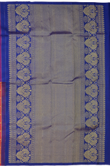 Purple Kanchipuram Silk Saree with Checks Half - half body with Contrast border and Blue Pallu with floral motif and diamond design