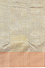 Grey Kanchipuram Silk Saree with Tissue Floral motif body with Diagnol stripes Contrast border and Orange Pallu with diagnol silver zari lines