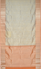 Grey Kanchipuram Silk Saree with Tissue Floral motif body with Diagnol stripes Contrast border and Orange Pallu with diagnol silver zari lines