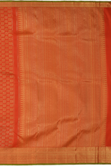 Chilli Red Kanchipuram Silk Saree with Plain Annapakshi and Rudraksham body with Smal line design Contrast border and Red Pallu with rudraksham, mango, intricately designs