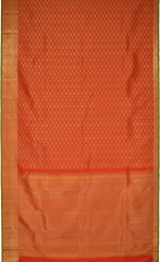 Chilli Red Kanchipuram Silk Saree with Plain Annapakshi and Rudraksham body with Smal line design Contrast border and Red Pallu with rudraksham, mango, intricately designs