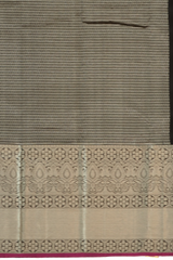 Black Kanchipuram Silk Saree with Jackard Checks body with Floral Self border with Purple Edging and Black Pallu with Mango Motif with diamond Butta