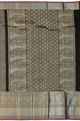 Black Kanchipuram Silk Saree with Jackard Checks body with Floral Self border with Purple Edging and Black Pallu with Mango Motif with diamond Butta