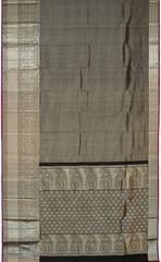 Black Kanchipuram Silk Saree with Jackard Checks body with Floral Self border with Purple Edging and Black Pallu with Mango Motif with diamond Butta