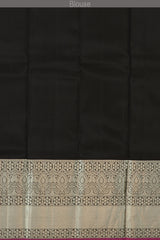 Black Kanchipuram Silk Saree with Jackard Checks body with Floral Self border with Purple Edging and Black Pallu with Mango Motif with diamond Butta