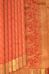 Coral Pink Kanchipuram Silk Saree with Jackard body with Lotus and bavanshi Self border and Tissue with floral embossed design Pallu