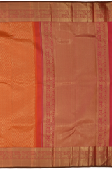 Saffron Orange Kanchipuram Silk Saree with Jackard Small leaf body with Elephant and Yaali Contrast border and Pink Pallu with Simha/ Singam Motif with intricate zig zag pattern