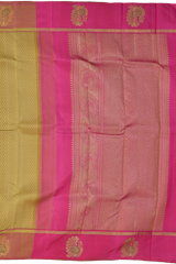 Beige Kanchipuram Silk Saree with Threadwork Tree threadwork saree body with Peacock Motif Contrast border and Bright Pink Pallu with Peacock Motif and diamond design