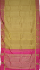 Beige Kanchipuram Silk Saree with Threadwork Tree threadwork saree body with Peacock Motif Contrast border and Bright Pink Pallu with Peacock Motif and diamond design