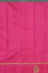 Beige Kanchipuram Silk Saree with Threadwork Tree threadwork saree body with Peacock Motif Contrast border and Bright Pink Pallu with Peacock Motif and diamond design