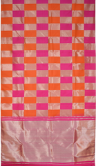 Orange- Pink-Silver Block Checks Kanchipuram Silk Saree with Block Checks on the body with Orange PinkSilver Block Checks border and Grand Silver Zari Tissue Pink Pallu