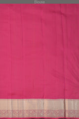 Orange- Pink-Silver Block Checks Kanchipuram Silk Saree with Block Checks on the body with Orange PinkSilver Block Checks border and Grand Silver Zari Tissue Pink Pallu
