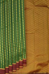 Bottle Green Kanchipuram Silk Saree with Butta peacock on the body with Maroon contrast border and Grand Maroon Pallu Intricately design Semi circle pattern with mango motif