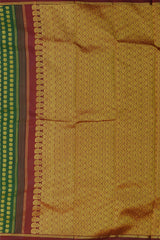 Bottle Green Kanchipuram Silk Saree with Butta peacock on the body with Maroon contrast border and Grand Maroon Pallu Intricately design Semi circle pattern with mango motif