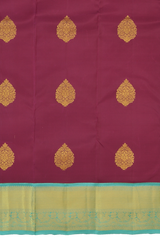 Purple Kanchipuram Silk Saree with Blue contrast border and Blue Pallu with tear shaped motif and annam