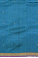 Blue Kanchipuram Silk Saree with Purple contrast border and Dull Blue Pallu with Mango Motif
