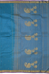 Blue Kanchipuram Silk Saree with Purple contrast border and Dull Blue Pallu with Mango Motif