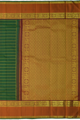 Bottle Green Kanchipuram Silk Saree with Horizontal Neli on the body with Orange and Maroon dual color border and Grand Maroon Pallu with Peacock, Rudraksham with Coin Buttas with diamond lines