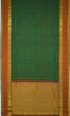Bottle Green Kanchipuram Silk Saree with Horizontal Neli on the body with Orange and Maroon dual color border and Grand Maroon Pallu with Peacock, Rudraksham with Coin Buttas with diamond lines