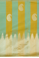 Light Green Kanchipuram Silk Saree with Long Border on the body with Mustard and Green dual color border and 8 Kol Seepu Reku Grand Tissue Pallu. Silver Zari.