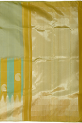 Light Green Kanchipuram Silk Saree with Long Border on the body with Mustard and Green dual color border and 8 Kol Seepu Reku Grand Tissue Pallu. Silver Zari.