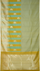 Light Green Kanchipuram Silk Saree with Long Border on the body with Mustard and Green dual color border and 8 Kol Seepu Reku Grand Tissue Pallu. Silver Zari.