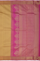 Beige Kanchipuram Silk Saree with Woven on the body with Pink contrast border and Pink Pallu with floral Motif with leaf pattern running across. Intricately designed. Grand