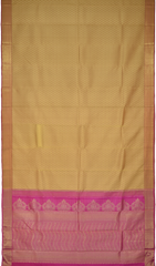 Beige Kanchipuram Silk Saree with Woven on the body with Pink contrast border and Pink Pallu with floral Motif with leaf pattern running across. Intricately designed. Grand