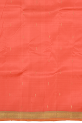 Coral Pink Color Kanchipuram Silk Saree with Silk Saree Small Gold s plain design on the body with cross lines contrast border and Dual Tone Dull Greenish Peach with big mango motif pallu.