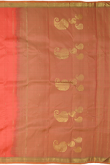 Coral Pink Color Kanchipuram Silk Saree with Silk Saree Small Gold s plain design on the body with cross lines contrast border and Dual Tone Dull Greenish Peach with big mango motif pallu.